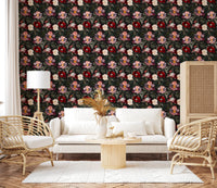 Living area stands apart with dark floral pattern and striking bloom contrast