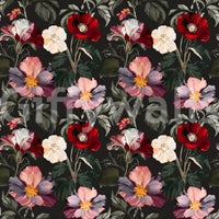 Dark romance floral pattern wallpaper with red blooms and layered botanical detail