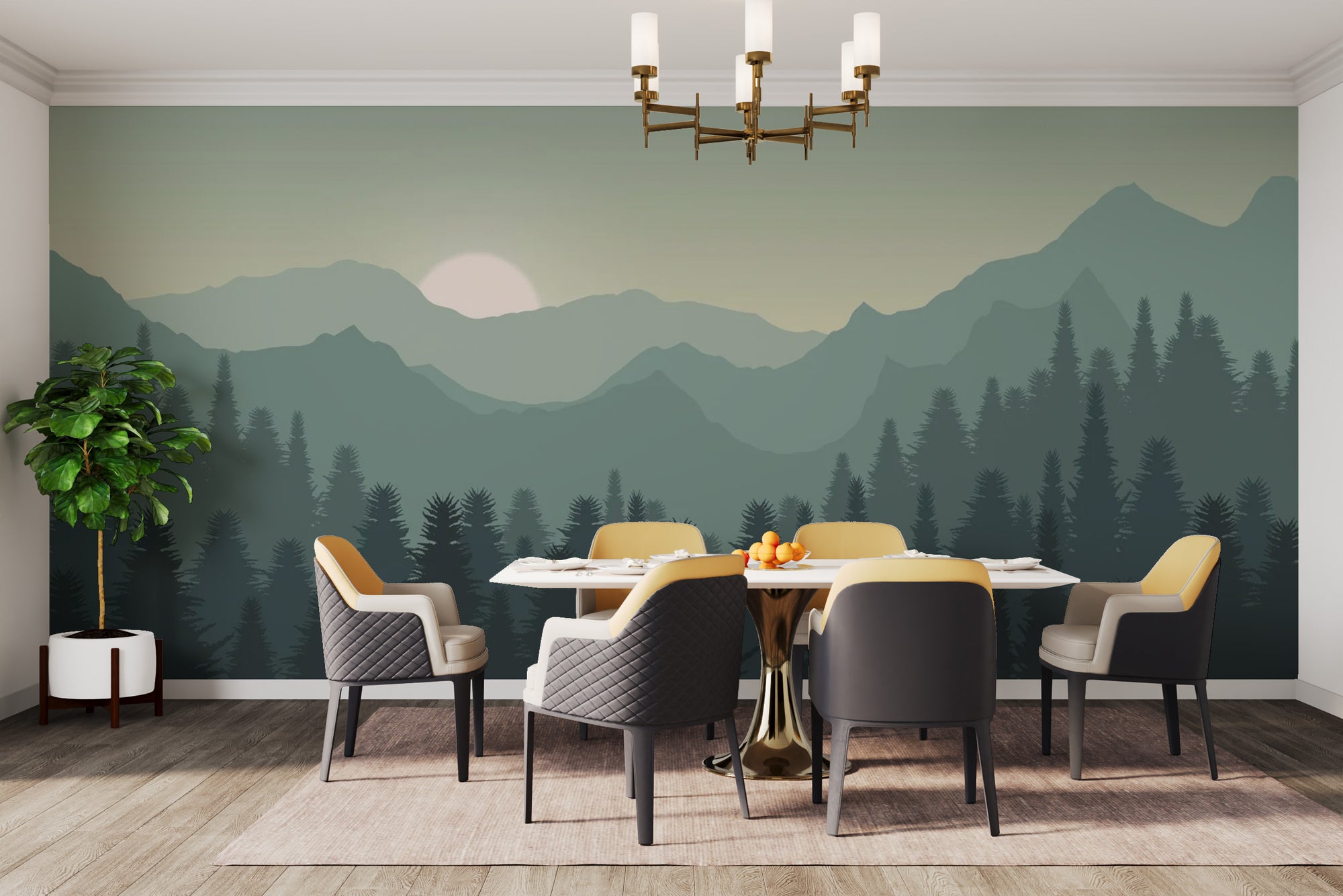 Dark Sunset Mountains wallpaper mural shown as a full feature wall that highlights the design