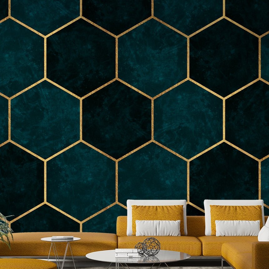 Elegant hexagon mural with metallic gold lines

