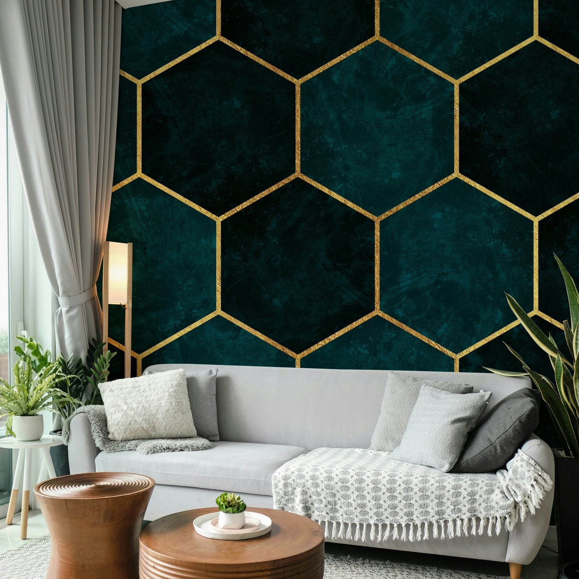 Deep teal hexagonal pattern wall mural

