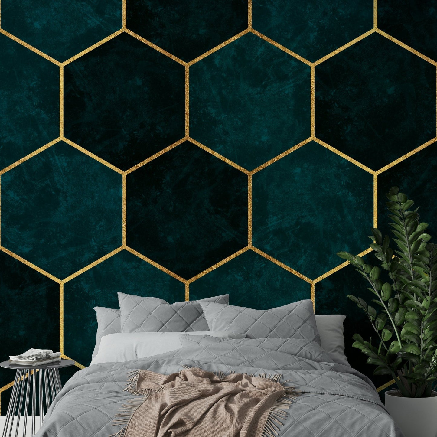 Dark teal hexagon wall mural with gold outlines

