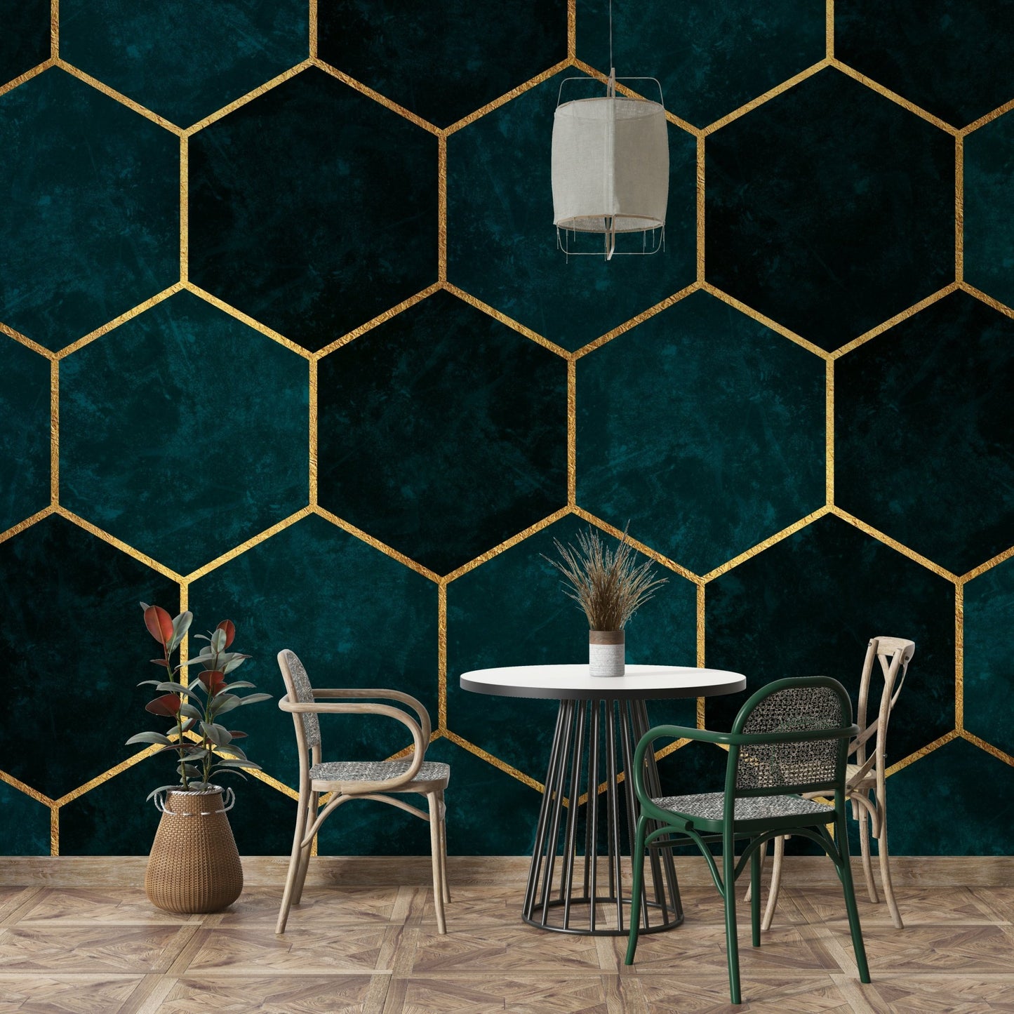 Gold-lined teal hexagon wall art design

