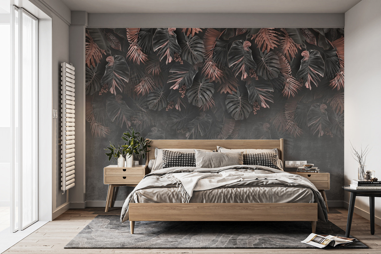 Hanging leaves mural with dark tones
