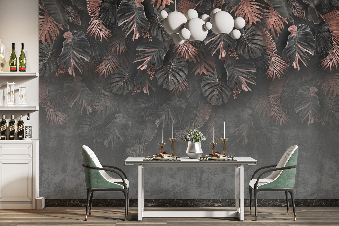 Black and copper leaf pattern wallpaper mural
