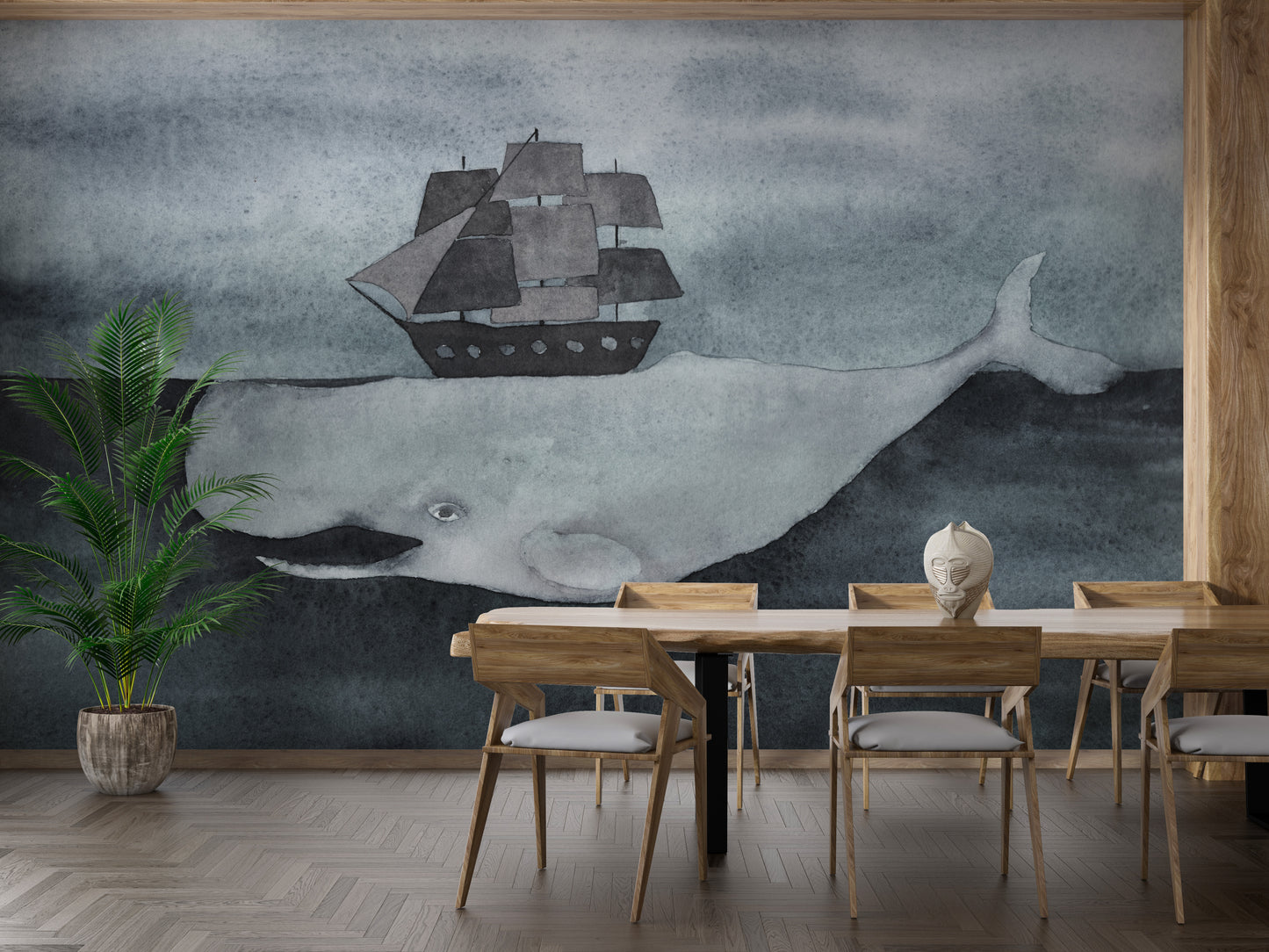 Dark Watercolor Whale design with Ship wallpaper mural as a feature wall in a home office workspace in gray tones