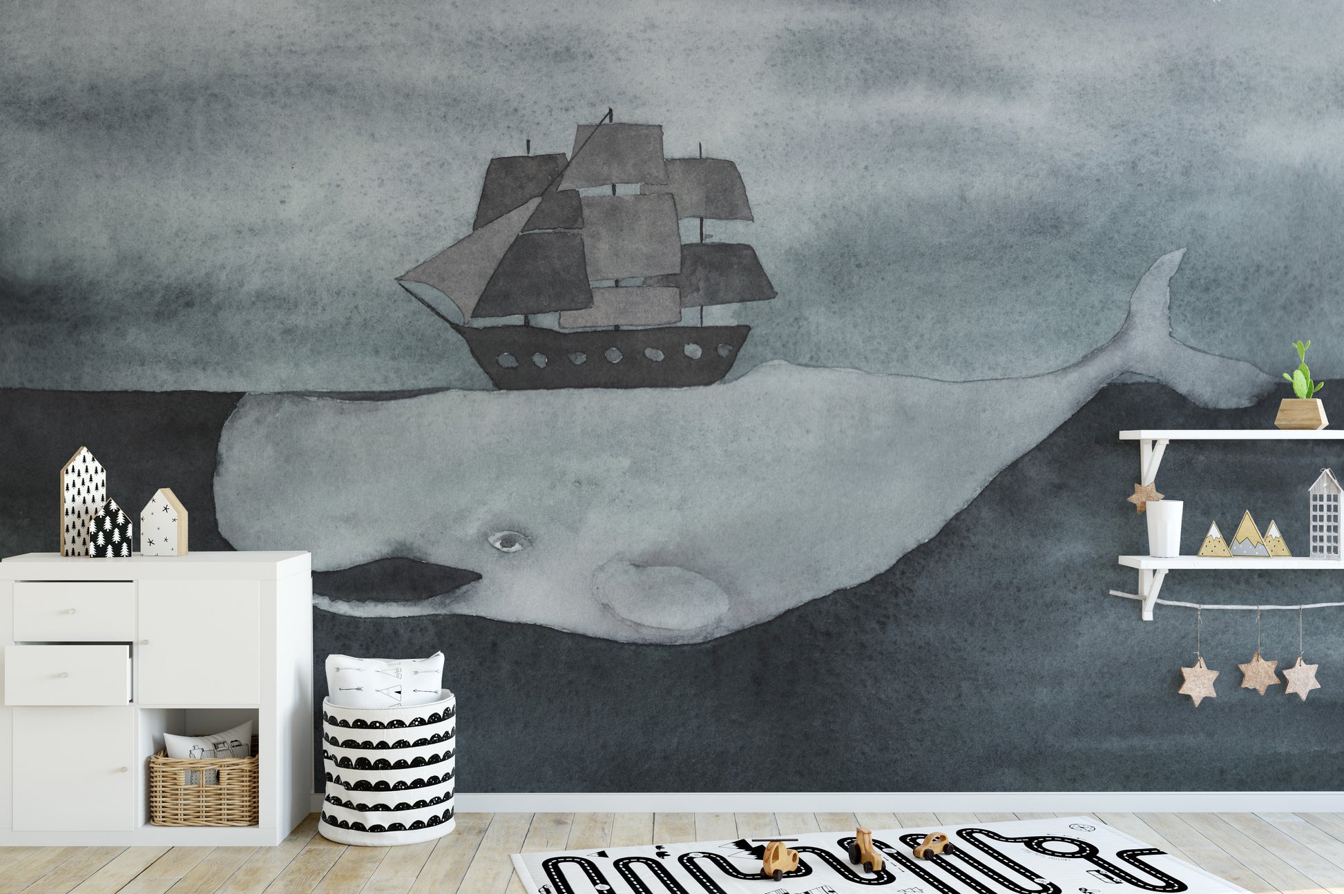 Dark Watercolor Whale design with Ship wallpaper mural styled as a feature wall behind a dining table and chairs