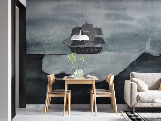 Dark Watercolor Whale design with Ship wallpaper mural shown as a full feature wall that highlights the design