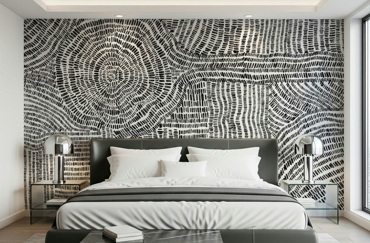 Dash & Dot Maze wallpaper mural in black and white behind a leather headboard bed in a modern bedroom