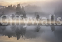 Picturesque Dawn Reflection, harmonious scene, whispering mist, wallpaper for walls.