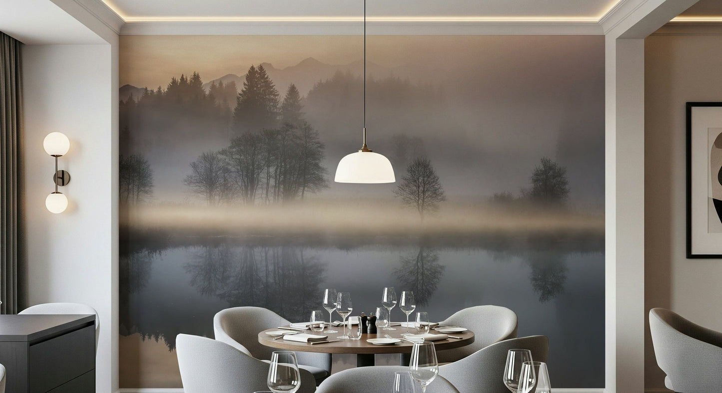 Precious Woodland Dawn Reflection, delicate light, hazy horizons, premium mural.