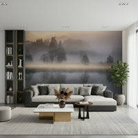 Woodland Dawn Reflection mural, gentle sunrise glow, atmospheric view, beautiful vistas.