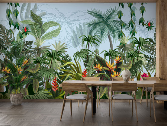 Daytime Colorful Tropical Jungle Design wallpaper mural shown as a full feature wall that highlights the design