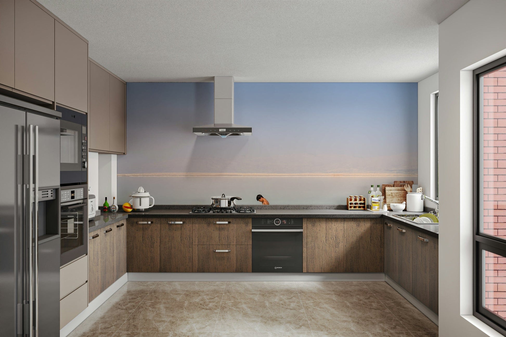 A high-angle view of the wall mural in a large space.

