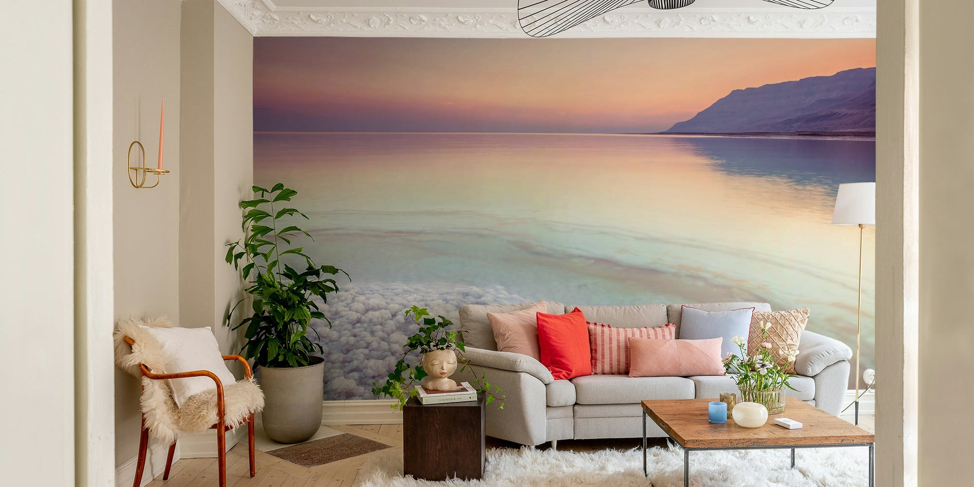 Calm Dead Sea shoreline mural for a peaceful room vibe.


