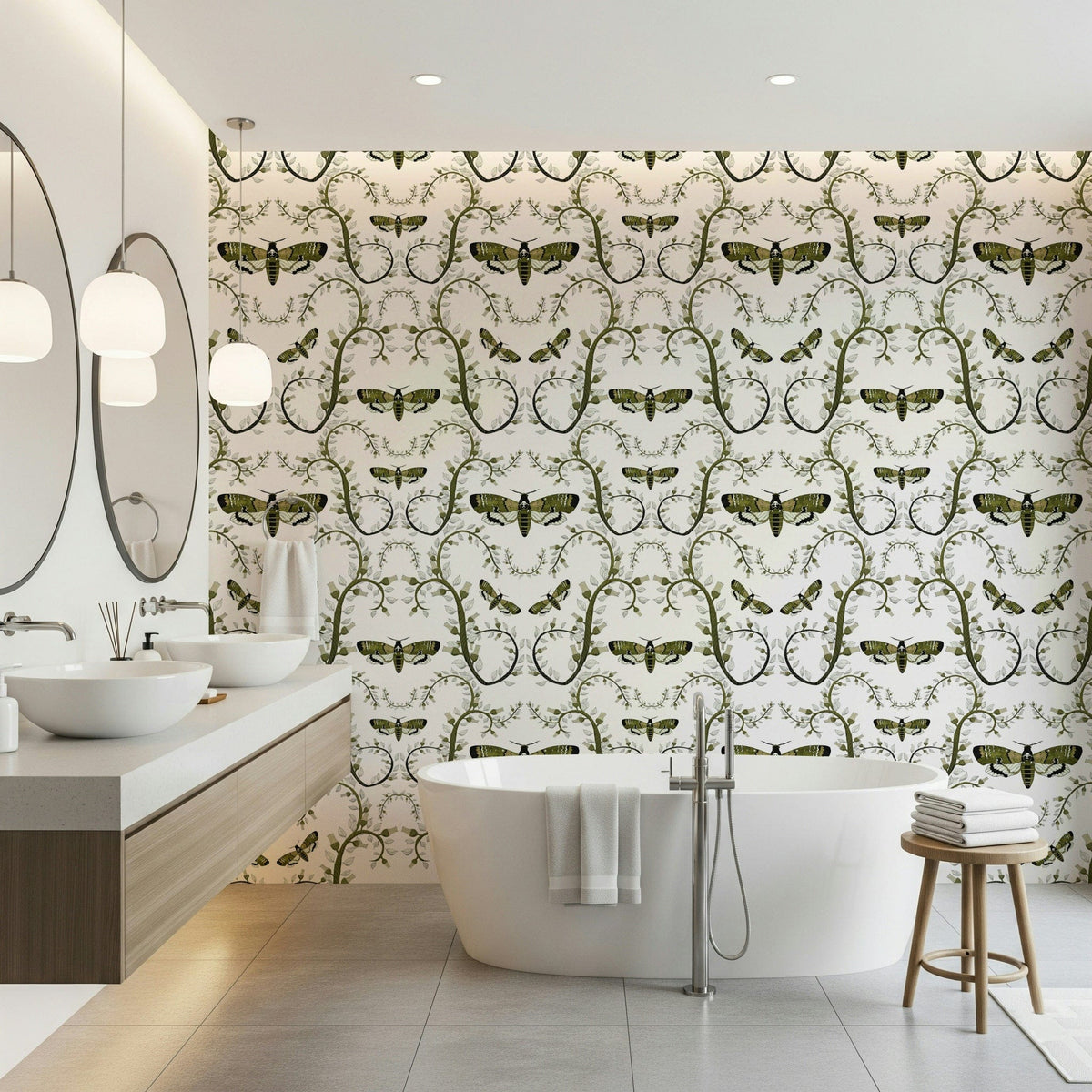 Death's-Head Hawkmoth Garden Wallpaper covers a bathroom in clean botanical pattern.
