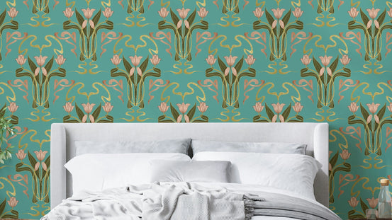 Aqua deco tulip wall mural


