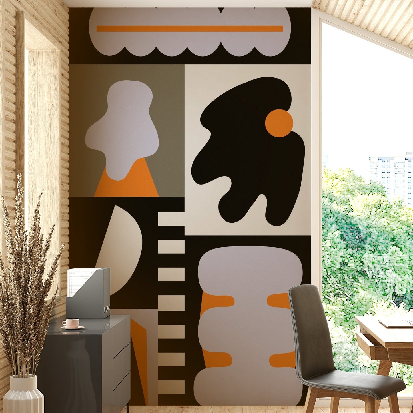 Modern wall mural with a combination of lines and shapes


