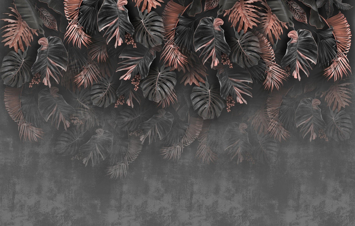 Dark Hanging Tropical Leaf Wallpaper Mural in your room — zoomed