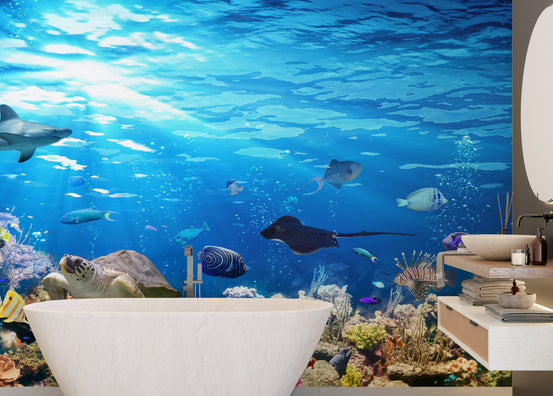 Deep Blue Sea Water with Corel Reef wallpaper mural shown as a full feature wall that highlights the design
