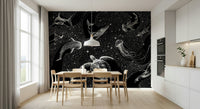 An artistic fluid pattern mural on minimalist wallpaper.