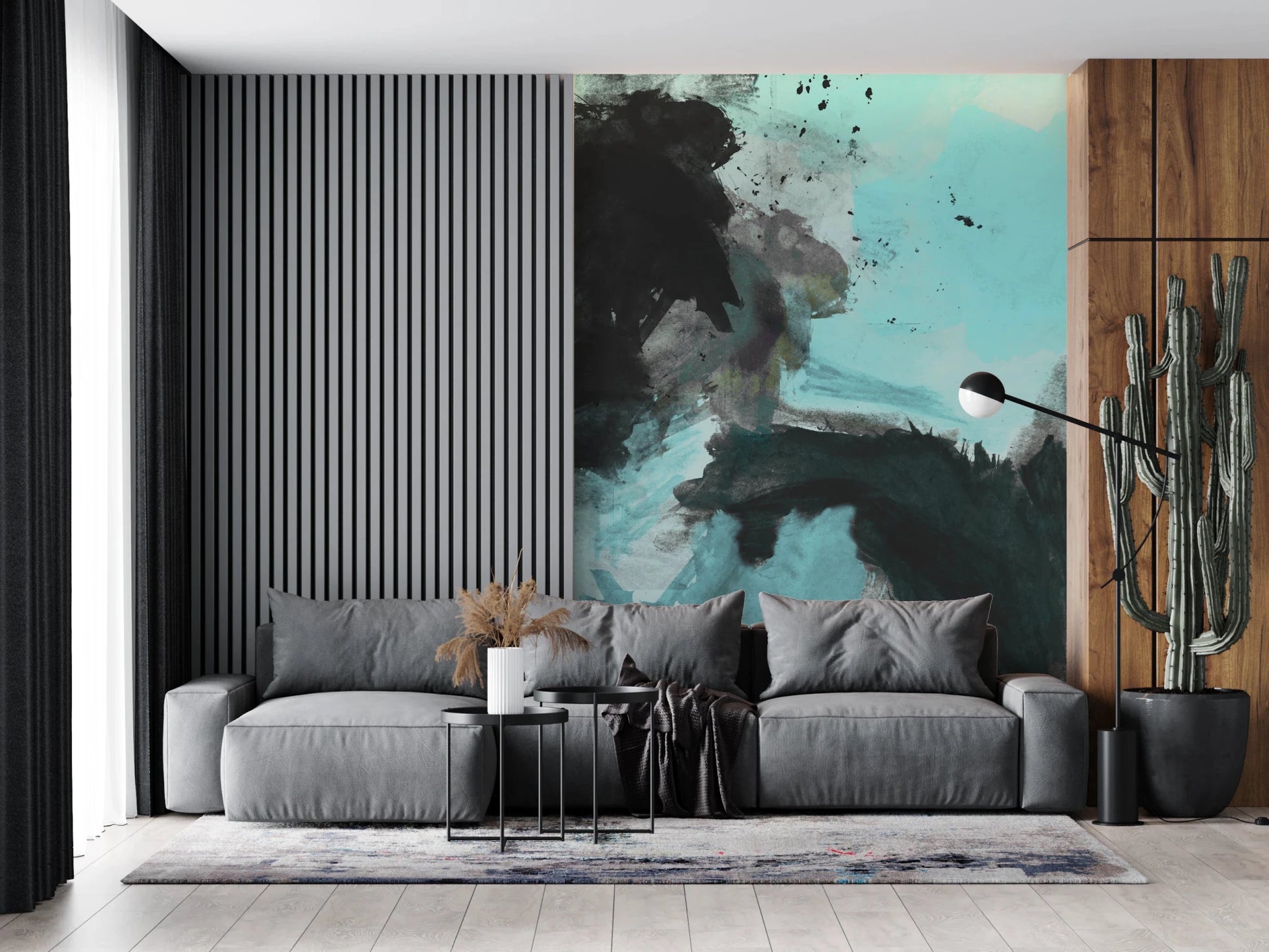 Hand-painted style Deep Water living room Wall Mural in teal shades