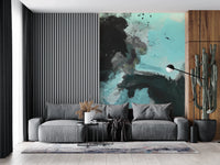 Hand-painted style Deep Water living room Wall Mural in teal shades