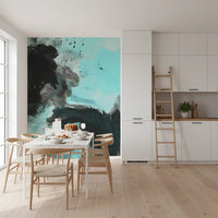 Modern dining area Bold Deep Water Wall Mural showing layered turquoise art