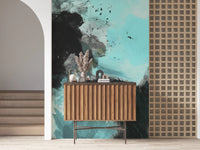Expressive Deep Water Wall Mural featuring cyan paint splashes
