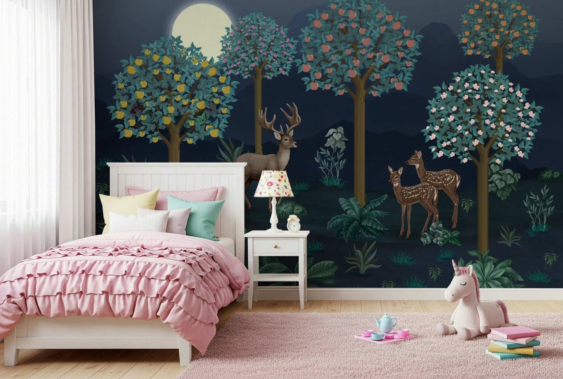 Artistic stag illustration on a large scale mural for a home study.
