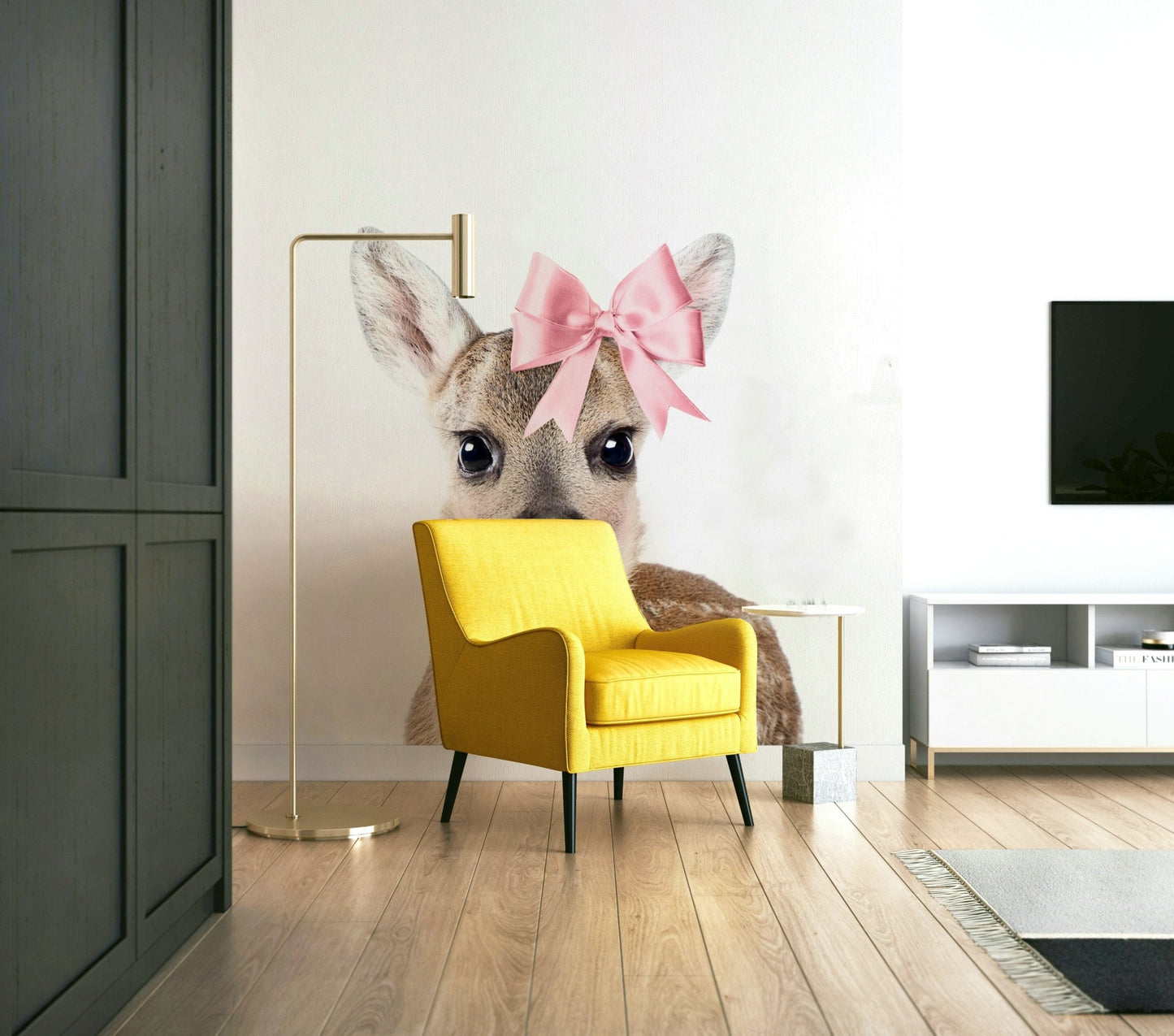 Deer with a bow design in a peaceful mural scene.

