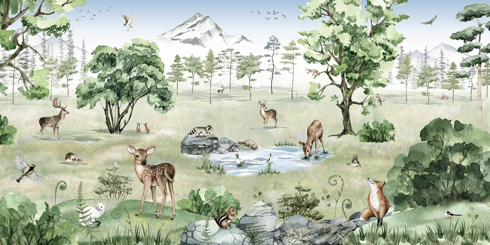 Watercolor Deer Forest summer Animals Wallpaper