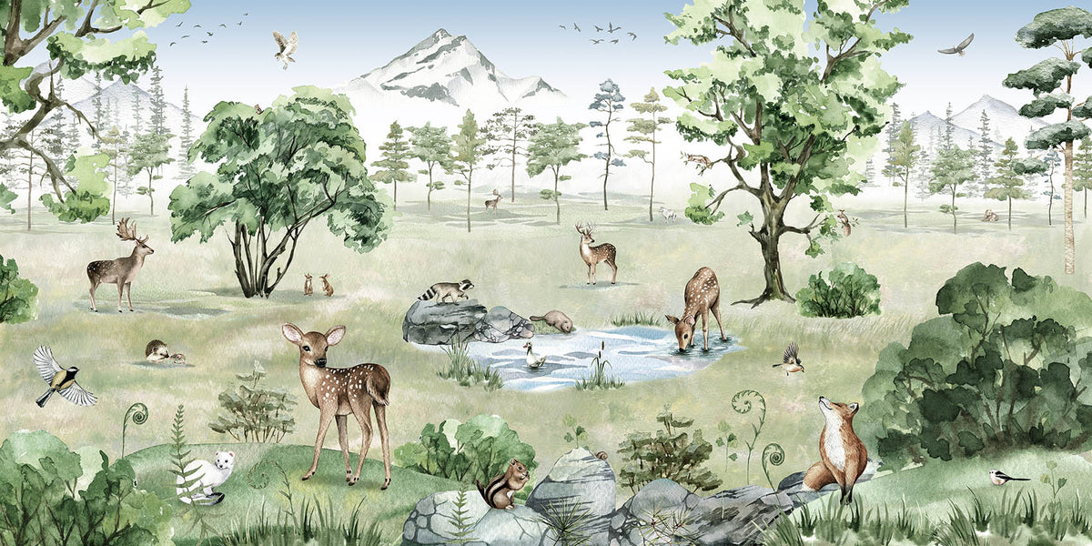 Watercolor Deer Forest summer Animals Wallpaper in your room — zoomed
