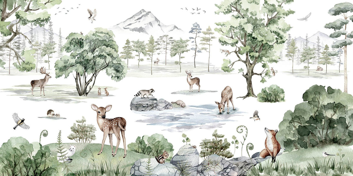 Watercolor Deer winter Forest Animals Wallpaper in your room