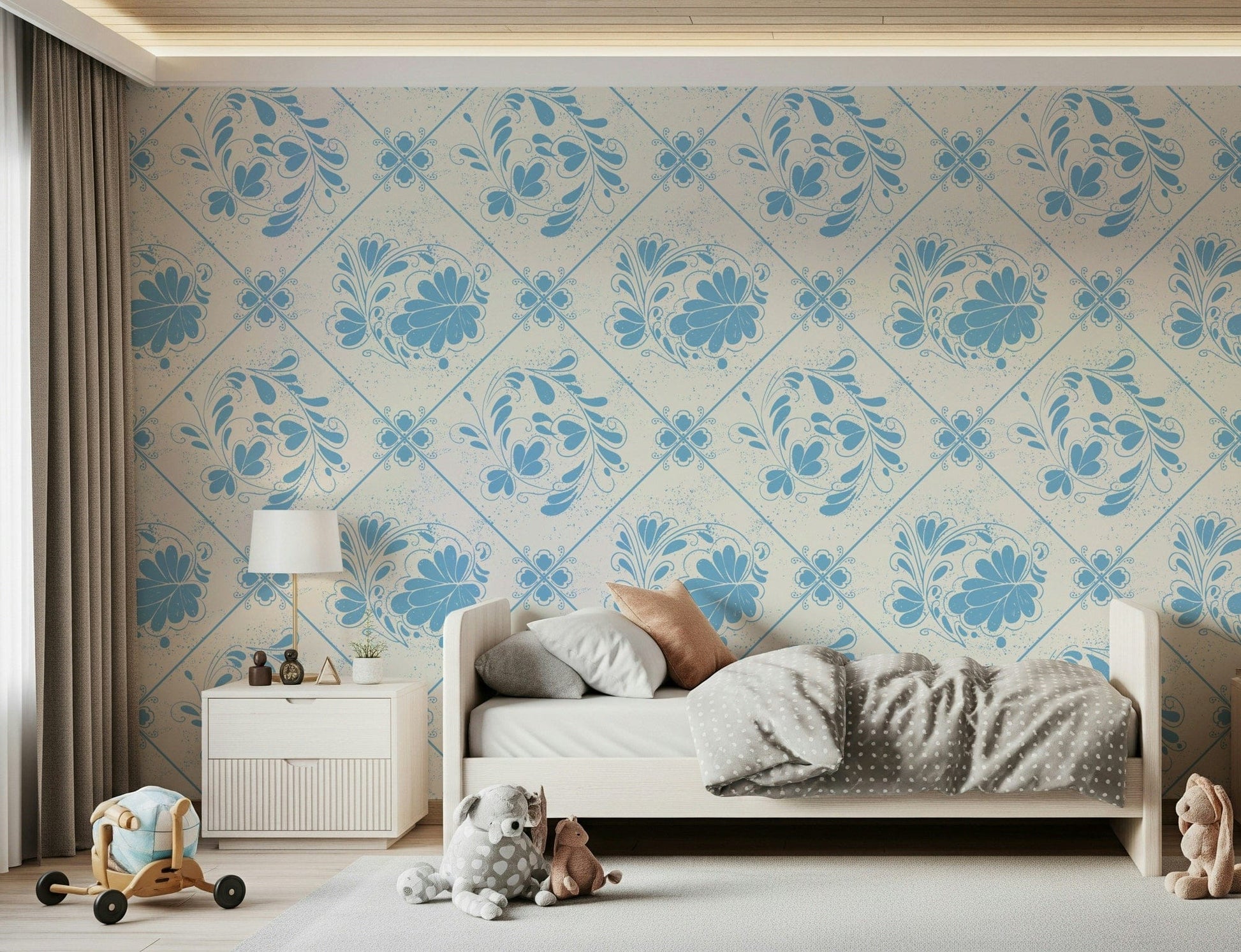 Blue floral wallpaper in home office, Delft-inspired pattern, clean background for video calls
