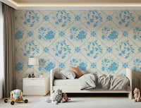 Blue floral wallpaper in home office, Delft-inspired pattern, clean background for video calls