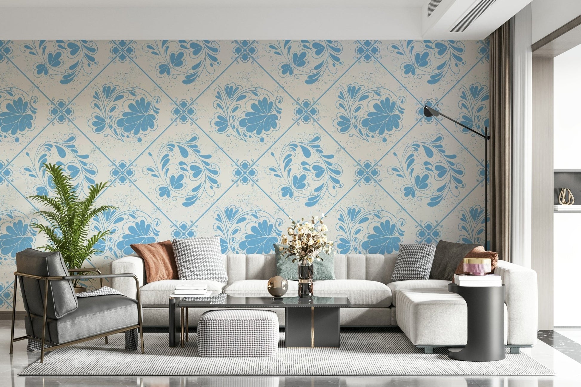 Classic blue floral wallpaper for kitchen nook, Delft Bloom style, simple feature wall