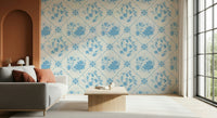 Delft Bloom Wallpaper on hallway wall, blue botanical print, bright and airy entry decor
