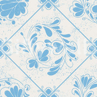 Blue Delft floral wallpaper on stair wall, repeating blooms, neat feature wall styling