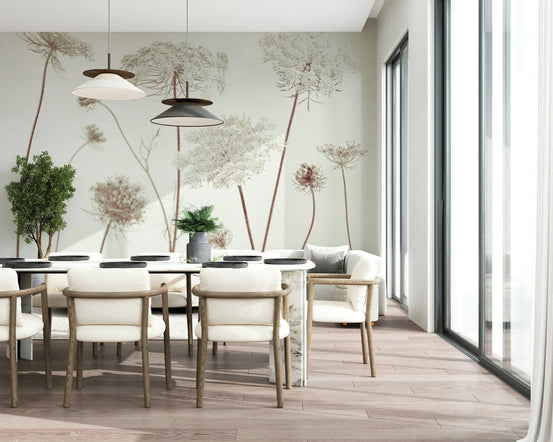 Delicate Beauty wallpaper mural of beige Queen Anne's lace seed heads in a dining room with white chairs and pendants