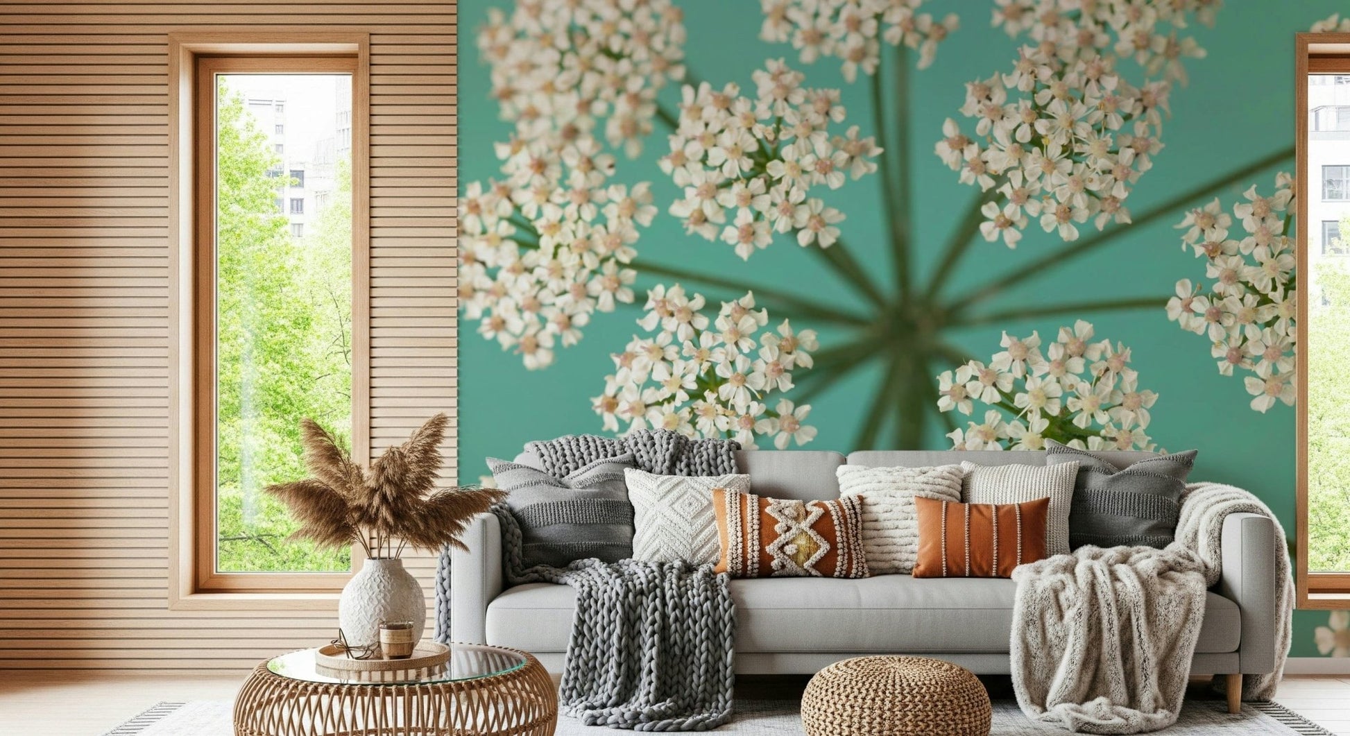 Delicate petals wall mural with teal backdrop