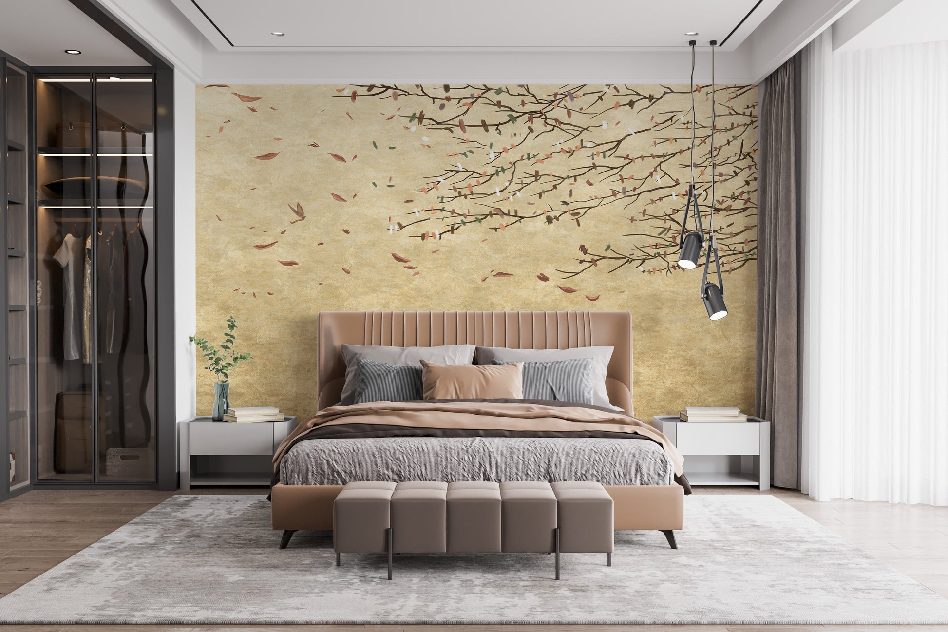Delicate Cherry Blossoms wallpaper mural styled as a feature wall in a cosy interior corner in beige tones