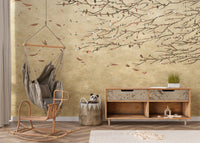 Delicate Cherry Blossoms wallpaper mural styled along a hallway feature wall near a console in beige tones
