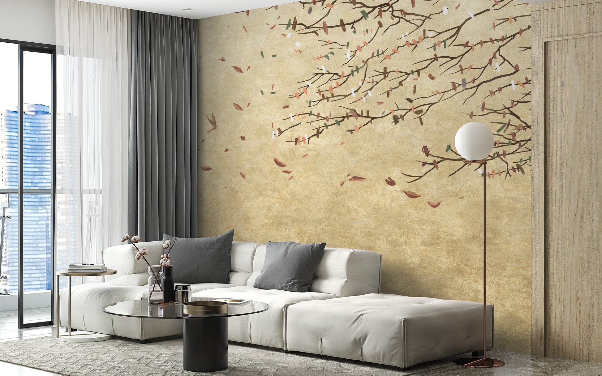Delicate Cherry Blossoms wallpaper mural as a feature wall in a home office workspace in beige tones