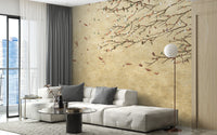 Delicate Cherry Blossoms wallpaper mural as a feature wall in a home office workspace in beige tones