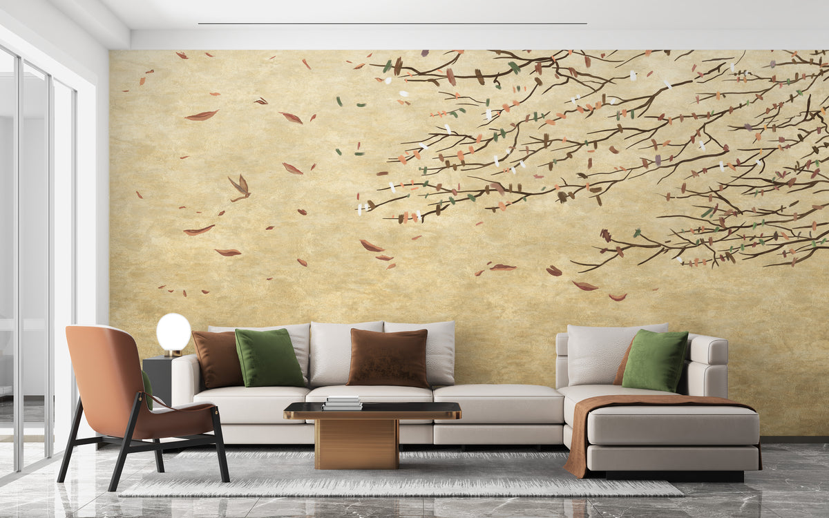 Delicate Cherry Blossoms wallpaper mural styled as a feature wall behind a dining table and chairs in beige tones