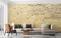 Delicate Cherry Blossoms wallpaper mural styled as a feature wall behind a dining table and chairs in beige tones
