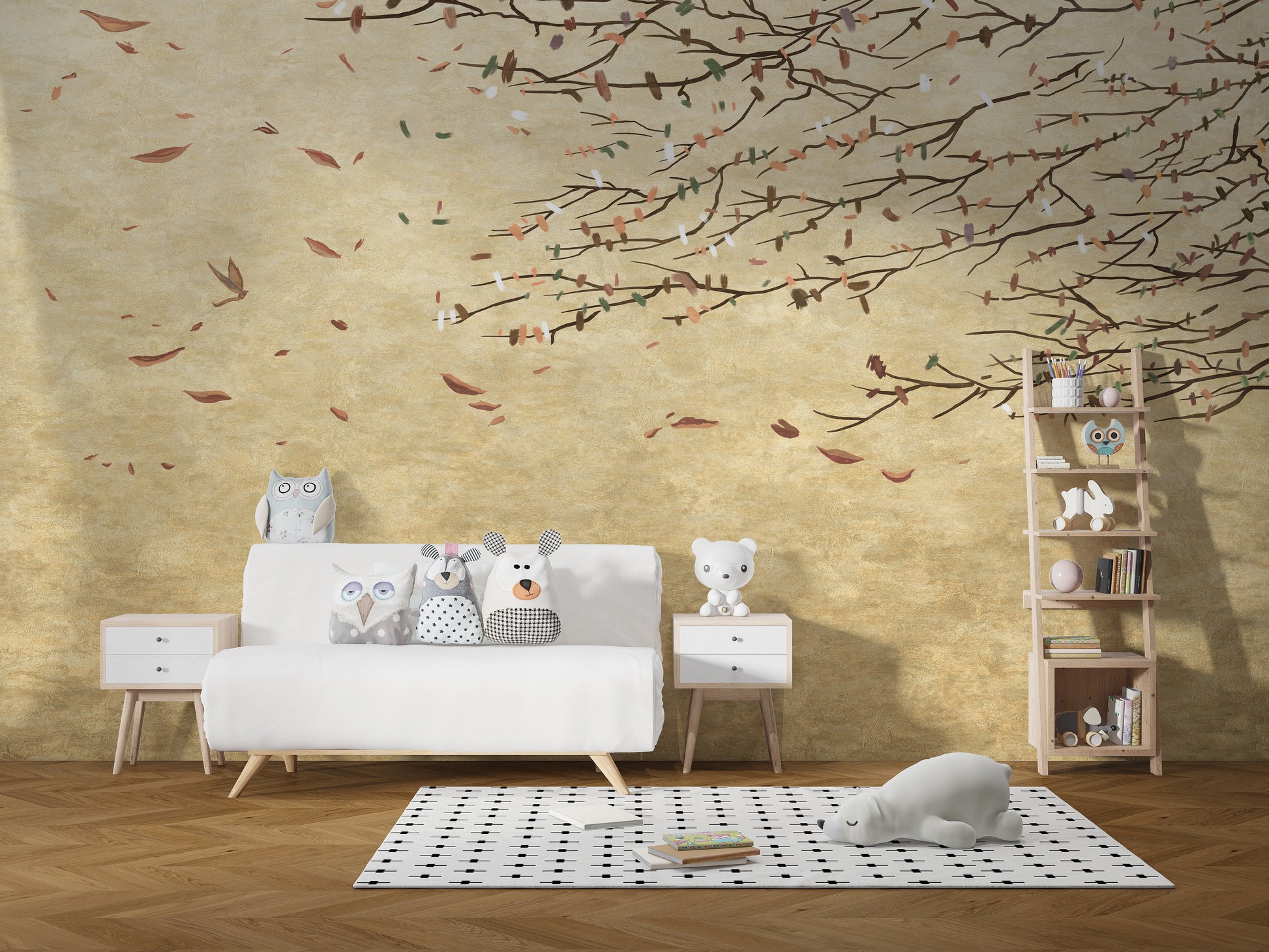 Delicate Cherry Blossoms wallpaper mural as a bedroom feature wall behind the headboard in beige tones