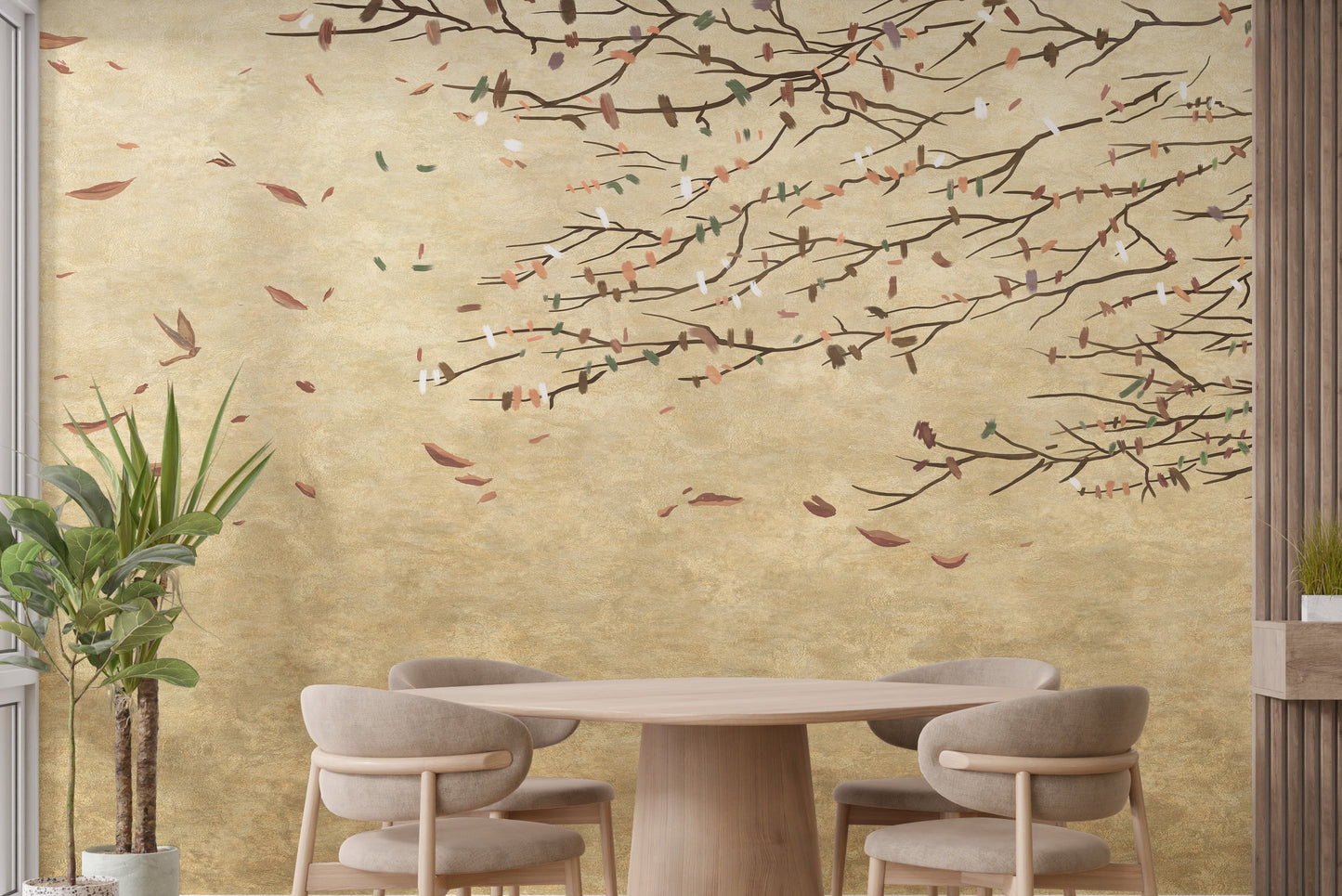 Blossom-themed dining room wallpaper mural