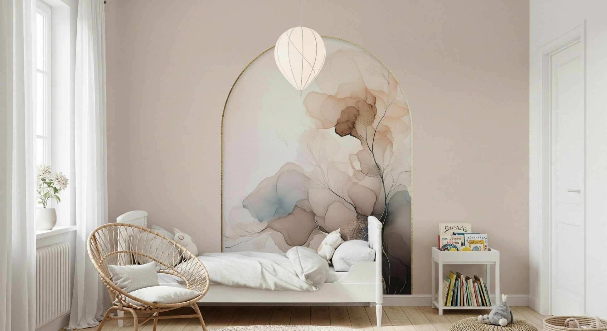 Delicate Floral Mist wall mural featuring soft watercolor flowers drifting through a gentle haze.